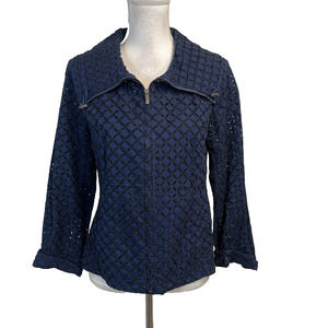 Coldwater Creek Navy Eyelet Blazer Women's 8 Petite Zip Front Nautical Style